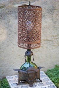 antique iron and glass lamp with metal shade